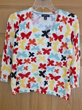 Lands' End Women's Butterfly Print Sweater Crewneck 3/4 Sleeve White Multi Size